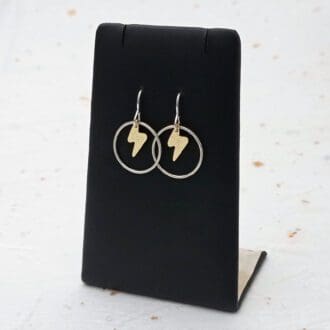 handmade recycled sterling silver and textured brass lightning bolt earrings