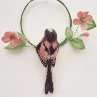 Needle Felted Long Tailed Tit on ring of Blossom by Davina Brien - Two Little Hares Designs