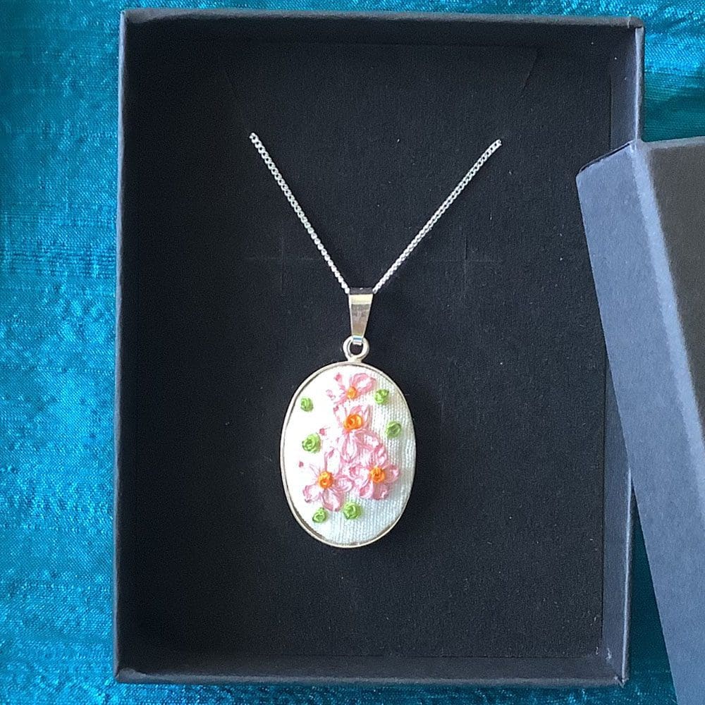 Pink Bouquet hand embroidered silver pendant and chain in presentation box