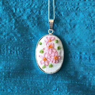 Pink Bouquet pendant hand embroidery in silver pendant with chain