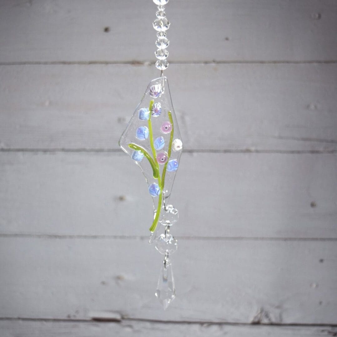 Handmade fused glass suncatcher with purple everlasting flowers mothers day gift