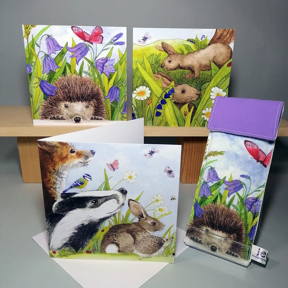Set of three high quality, square greeting cards featuring British Wildlife, a hedgehog, two rabbits and a group of wildlife friends set in the countryside