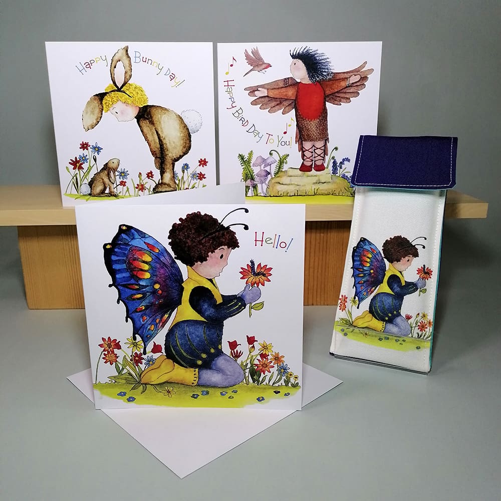 Set of three high quality, square greeting cards featuring the Bath Street Babies - toddlers dress in their favourite colourful costumes: a butterfly, bird and a rabbit with their little creature friends. Plus a mini stationery set featuring the butterfly design.