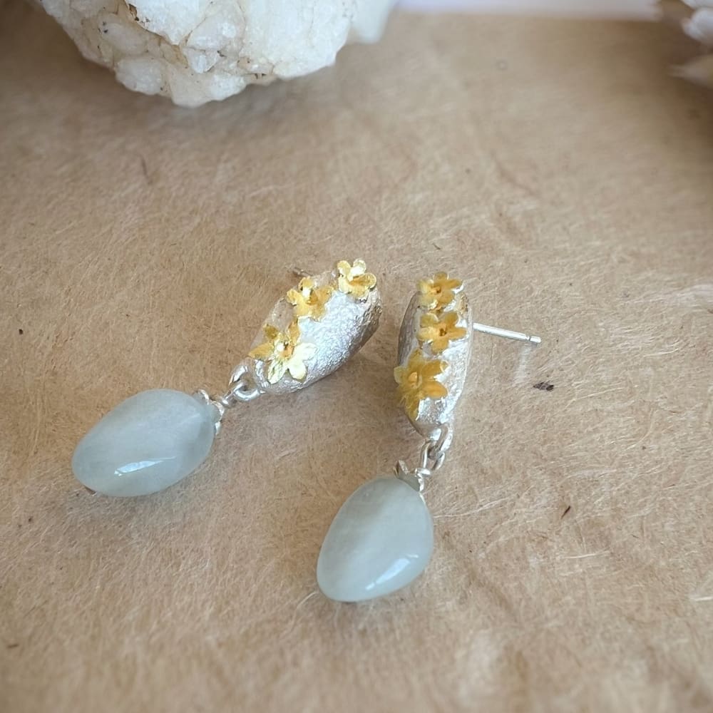 Floral Stud Earrings with Blue Morganite Drops