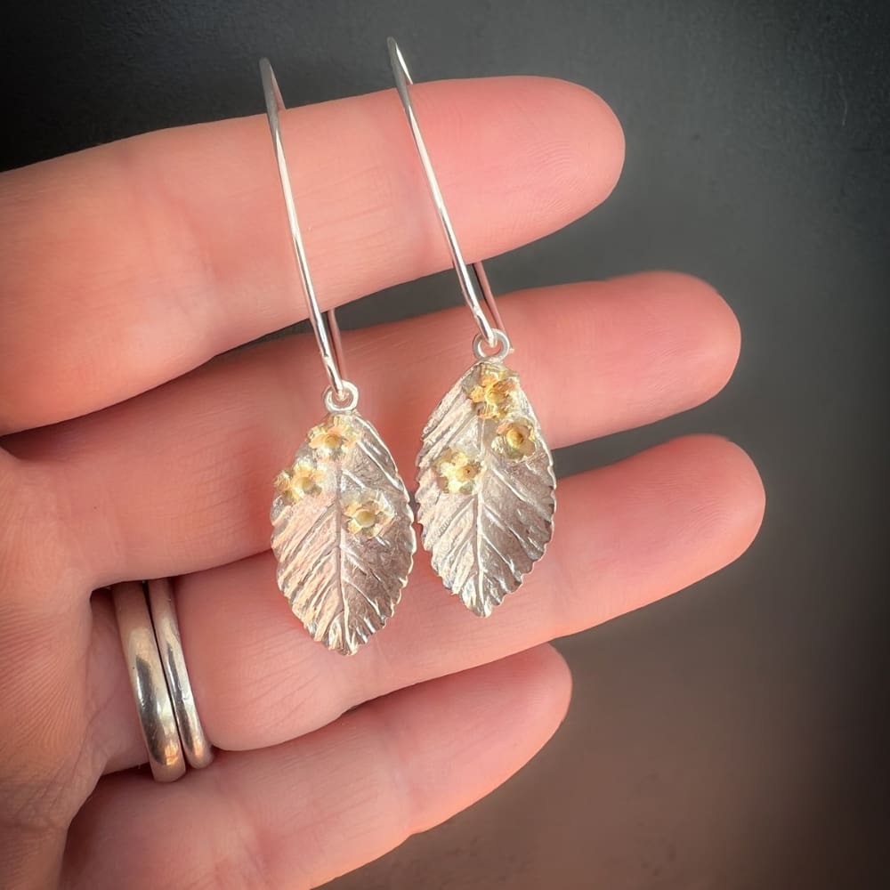 Large Silver Leaf Earrings with Gold Flowers