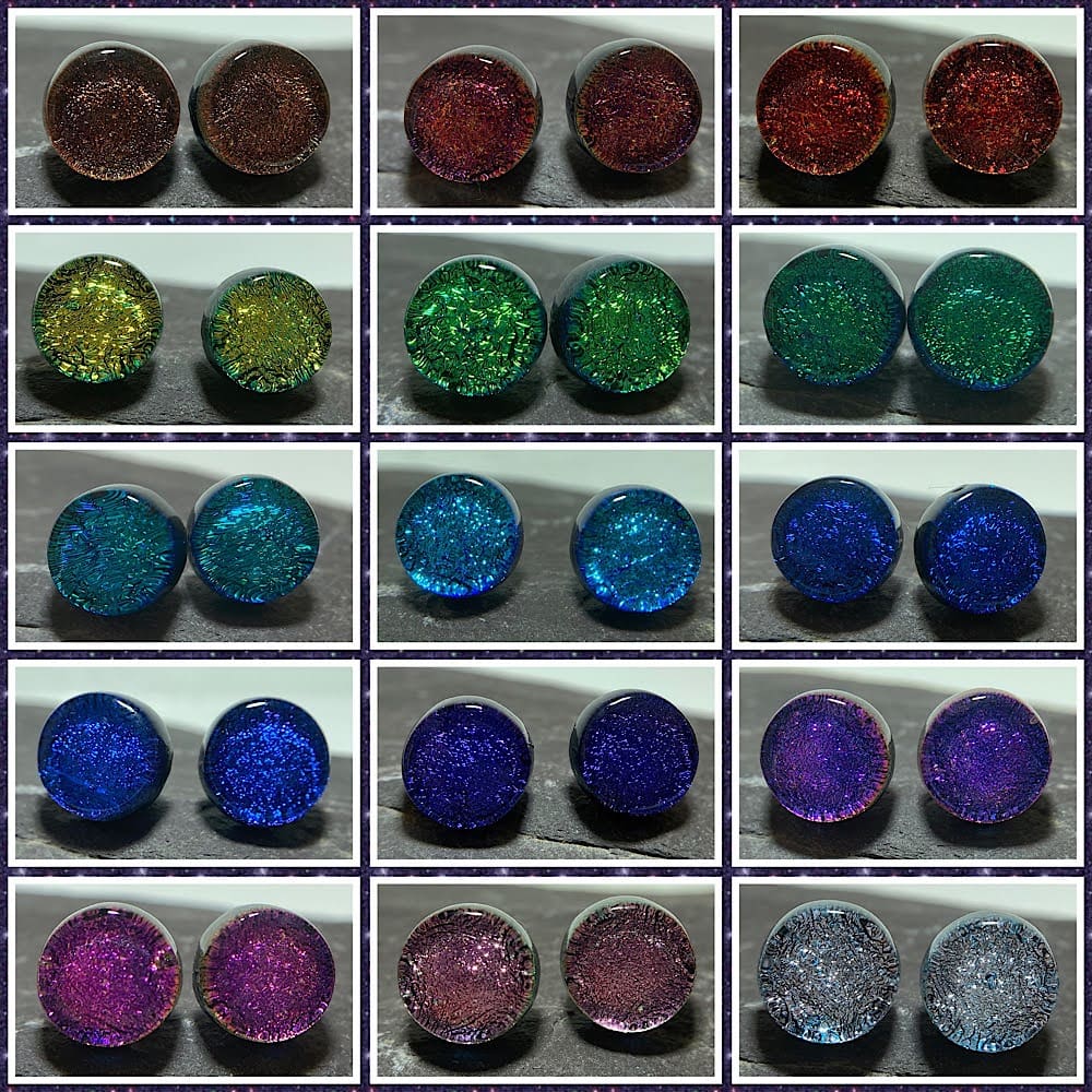 A collage showing fifteen different coloured pairs of fused dichroic glass studs