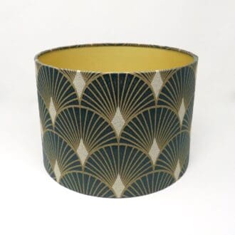 Handmade drum lampshade in a teal green Art Deco pattern