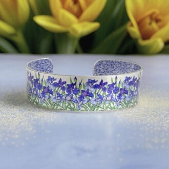iris, flowers, bangle, bracelet, wrist cuff, blue, violet, aluminium, colourful, handmade jewellery, UK