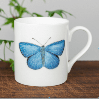 Fine bone china mug with a single blue butterfly on the front and a smaller one of the back