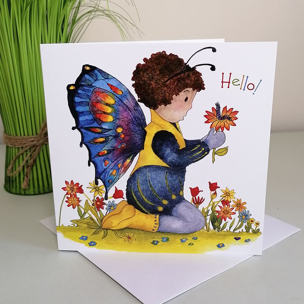 Square, quirky greetings card for kids featuring Casper in his smart butterfly costume chatting to Frank caterpillar in the garden.