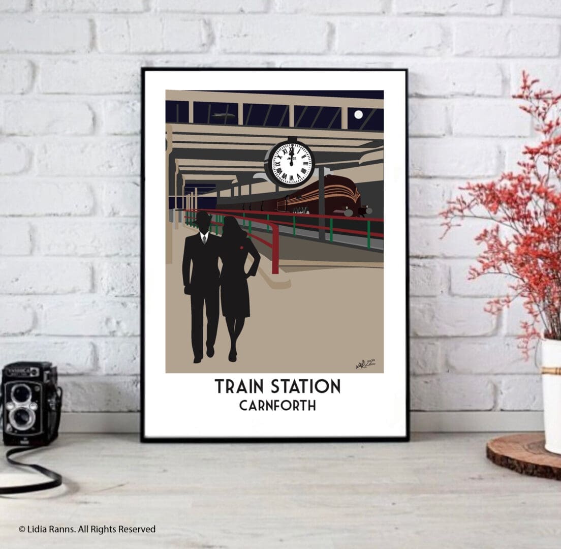 art deco travel poster style fine art print of Carnforth Train Station. Based on Brief encounter, the iconic clock and a couple walking together. The classic steam locomotive, the duchess of hamilton is also in view