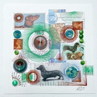 Beautiful hand embroidered collage of vintage finds featuring Dachshunds. Colour scheme pale blue, tan and soft greeen.