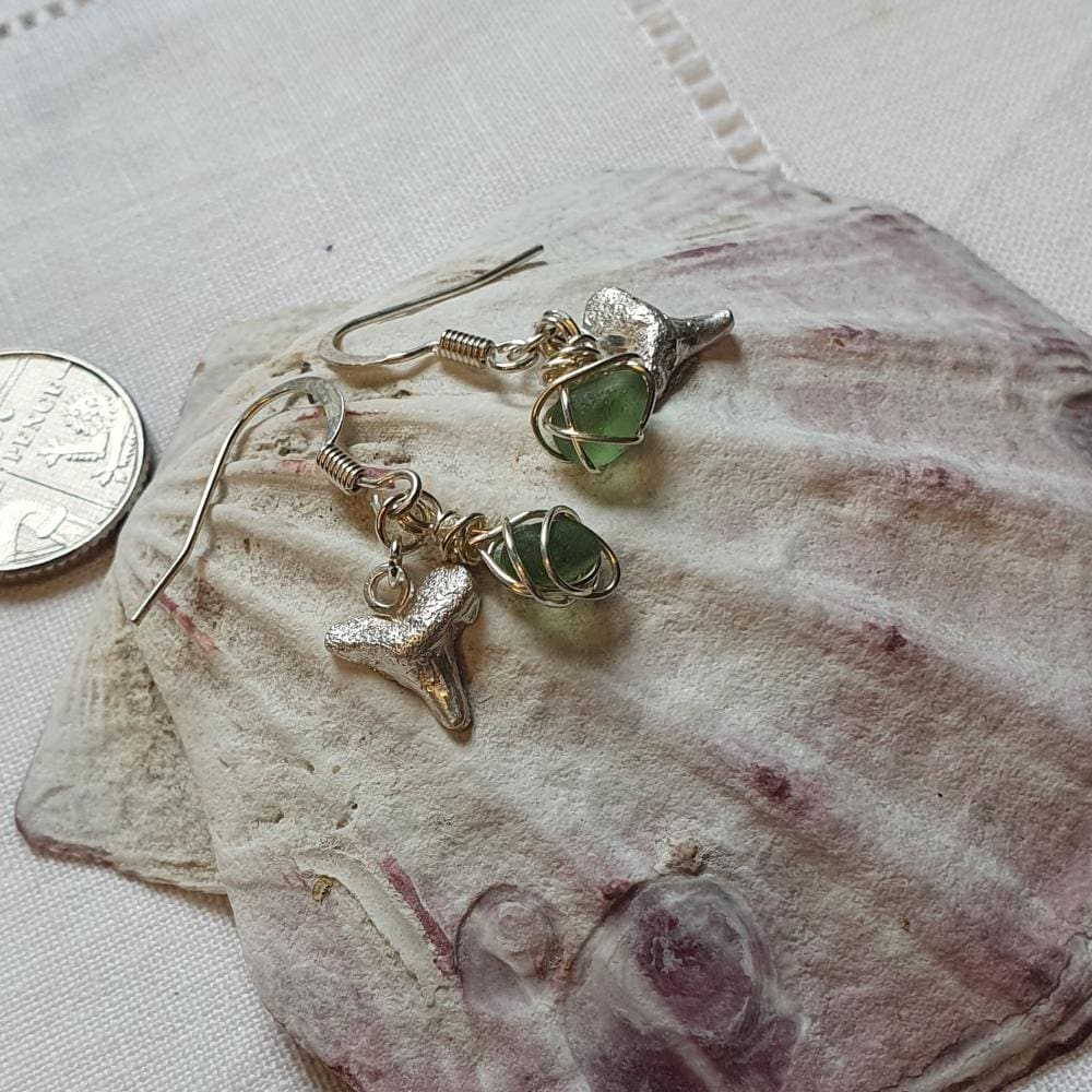 a dainty pair of silver earrings consisting of a silver sharks' tooth and a silver wire wrapped piece of sea glass, displayed on top of a large cream and pink bi-valve shell