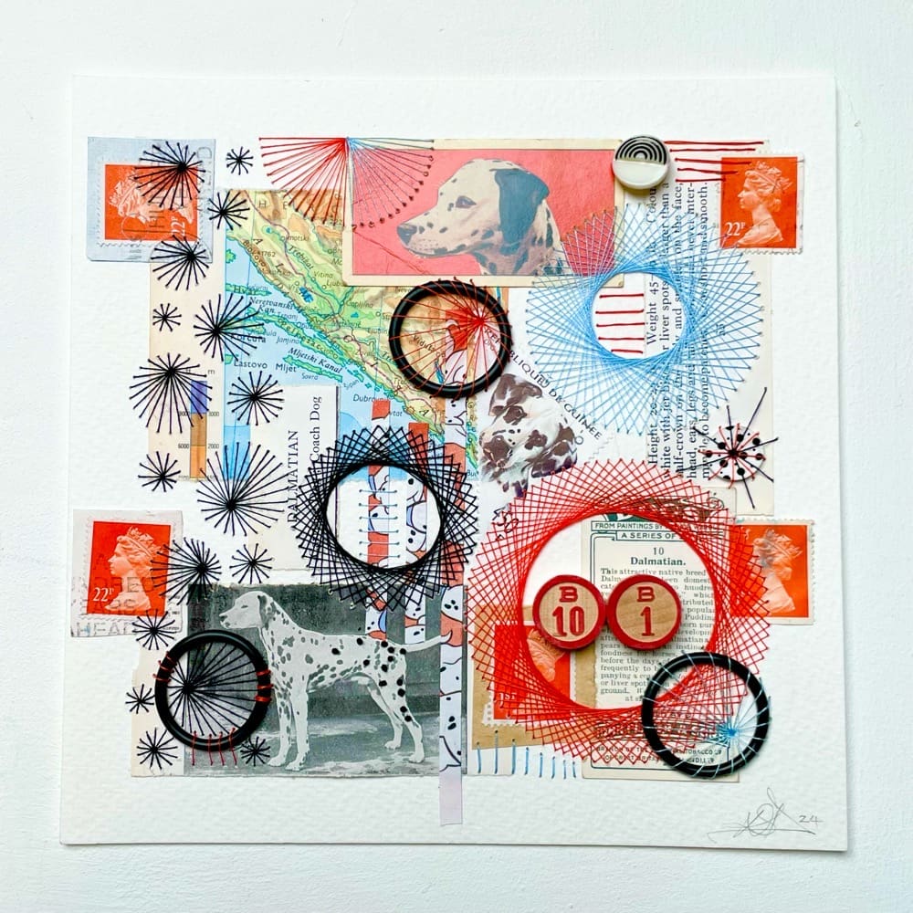 Hand embroidered collage featuring a Dalmatian. The picture is composed from old cigarette card featuring a Dalmatian, then there are sections of maps and snippets from a 101 Dalmatian kids book. All entwined with orange, pale blue and black embroidery.