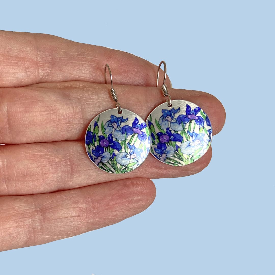 iris, drop, earrings flowers, spring, blue, violet, aluminium, sterling silver, handmade jewellery, UK