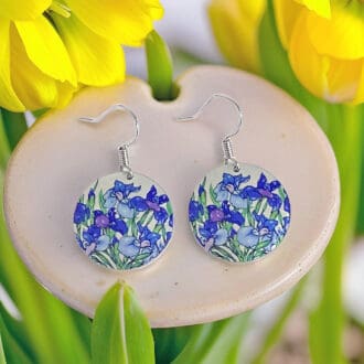 iris, drop, earrings flowers, spring, blue, violet, aluminium, sterling silver, handmade jewellery, UK