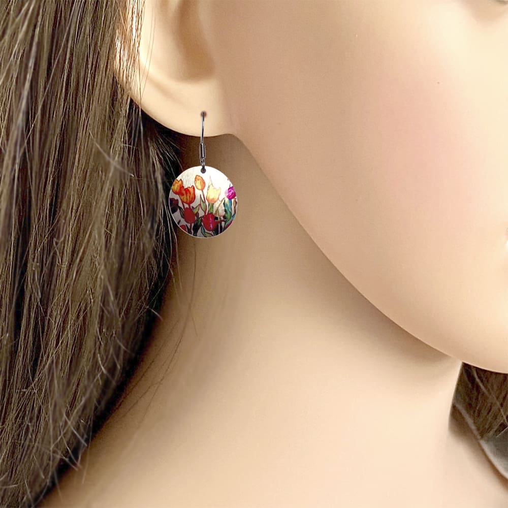 tulip, drop earrings, spring, flowers, round, discs, pink, orange, sterling silver, handmade jewellery, UK