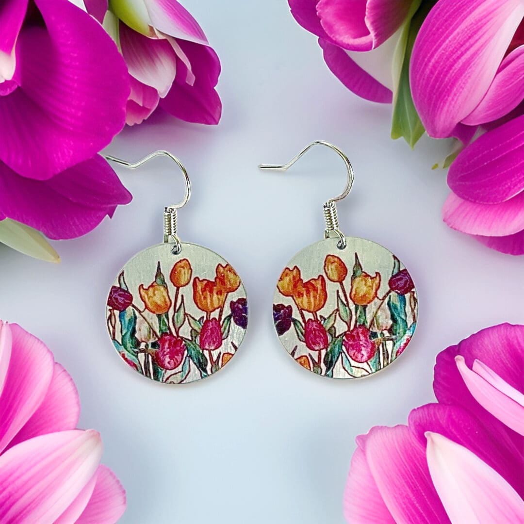 tulip, drop earrings, spring, flowers, round, discs, pink, orange, sterling silver, handmade jewellery, UK