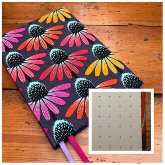 A5 handmade notebook with dotted paper covered in Echinacea print fabric