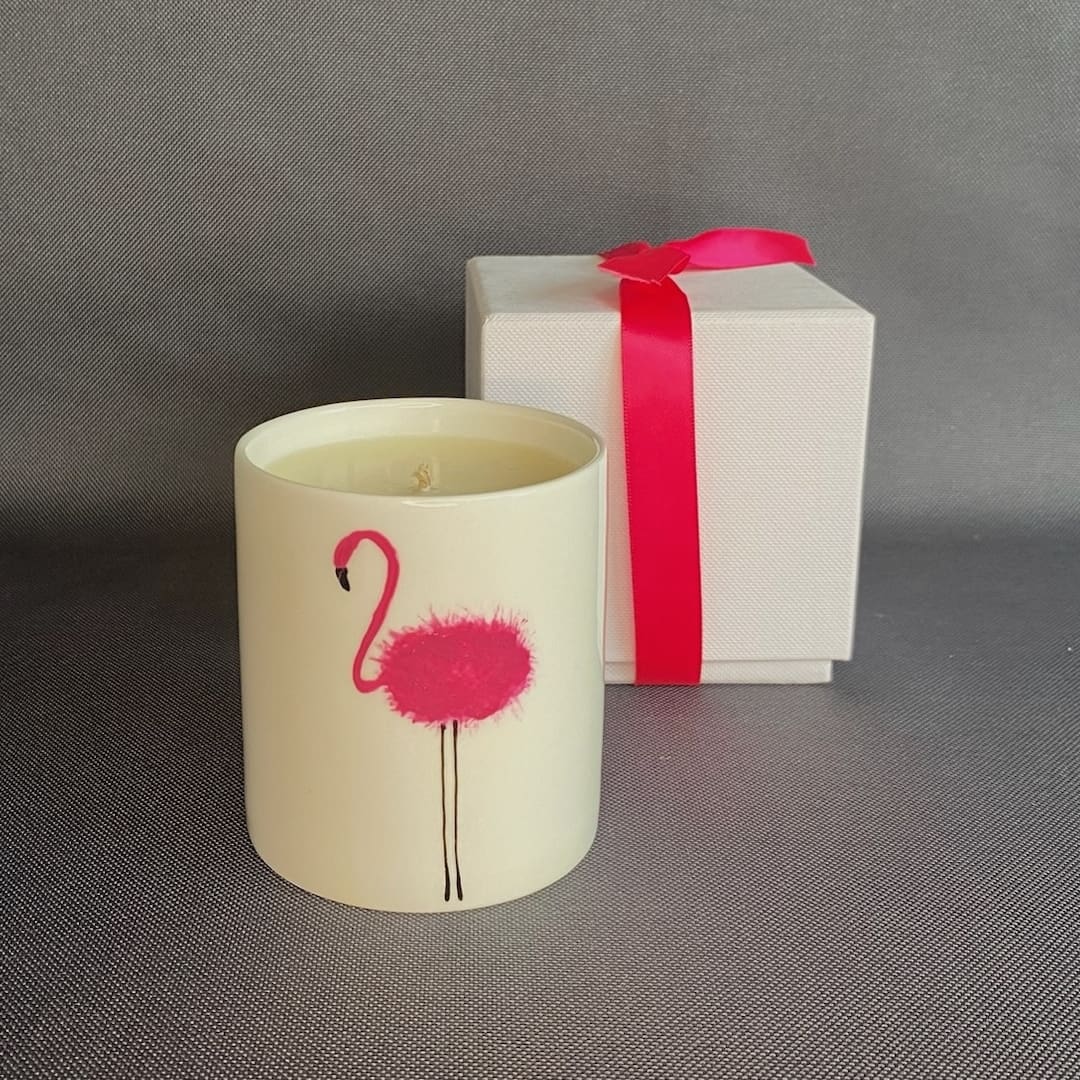 White Ceramic Candle decorated with pink flamingo