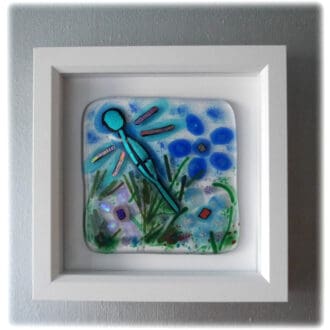 Dragonfly Fused glass art flower picture box framed