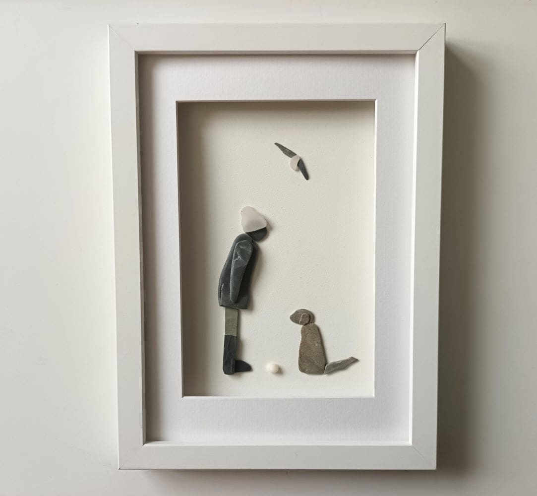 Pebble art lady and dog in A4 size frame gift for dog lover