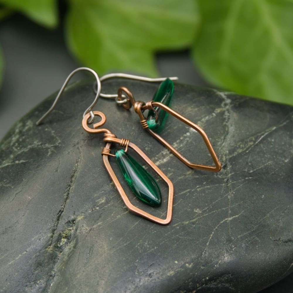 Handmade geometric copper dangle earrings with green beads