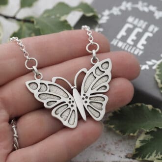Intricate Argentium sterling silver butterfly pendant 4.5cm wide on fixed argentium chain