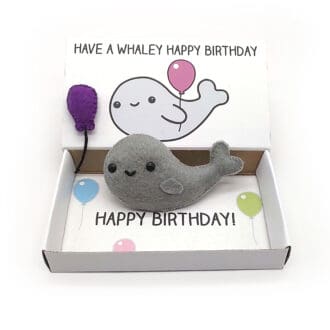 A handmade whale with a blloon magnet in an illustrated matchbox that reads have a whaley happy birthday