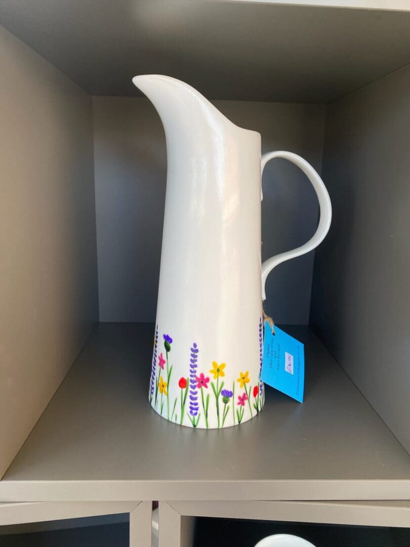 White Ceramic Jug decorated with colourful meadow flowers