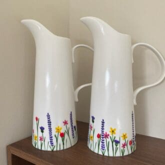 White Ceramic Jug decorated with colourful meadow flowers