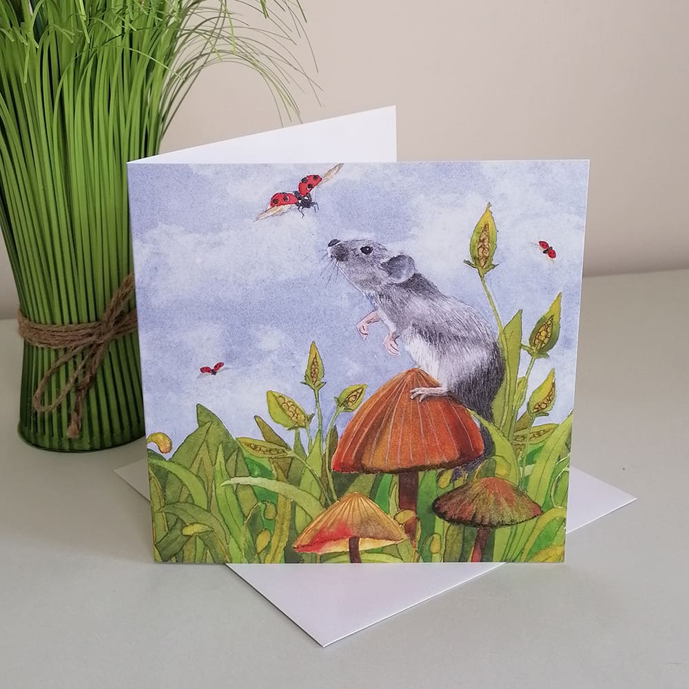 Square greetings card featuring a little grey mouse sat on a toadstool looking up at a flying ladybug. The backdrop of the scene is blue sky and grasses in seed.