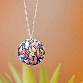 Necklace, pendant, round, disc, leaf, leaves, nature, pink, navy blue, yellow, orange, fine chain, 16 inches, 18 inches, 20 inches, handmade, jewellery, UK