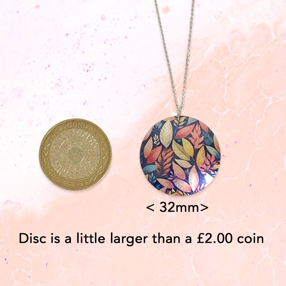 Necklace, pendant, round, disc, leaf, leaves, nature, pink, navy blue, yellow, orange, fine chain, 16 inches, 18 inches, 20 inches, handmade, jewellery, UK