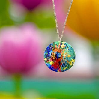 necklace, pendant, abstract, flowers, floral red, blue multi coloured, round, disc, handmade, jewellery, UK