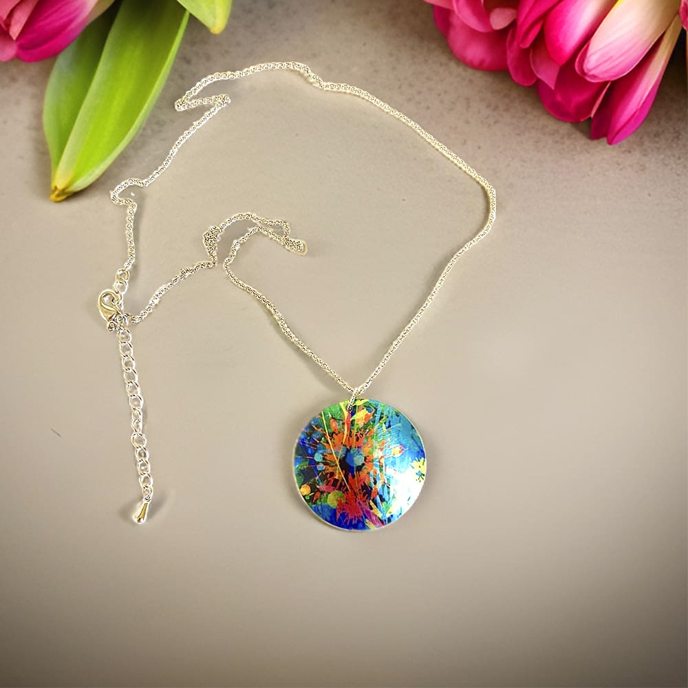 necklace, pendant, abstract, flowers, floral artistic, red, blue multi coloured, round, disc, handmade, jewellery, UK