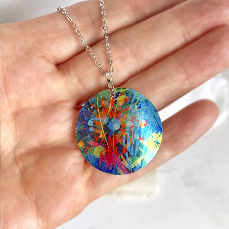 necklace, pendant, abstract, flowers, floral artistic, red, blue multi coloured, round, disc, handmade, jewellery, UK
