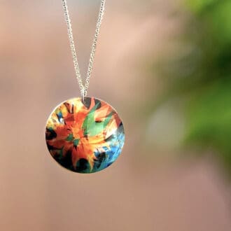 necklace, pendant, orange, teal, round, discs, abstract, artistic, modern, sterling silver, jewellery, handmade Uk