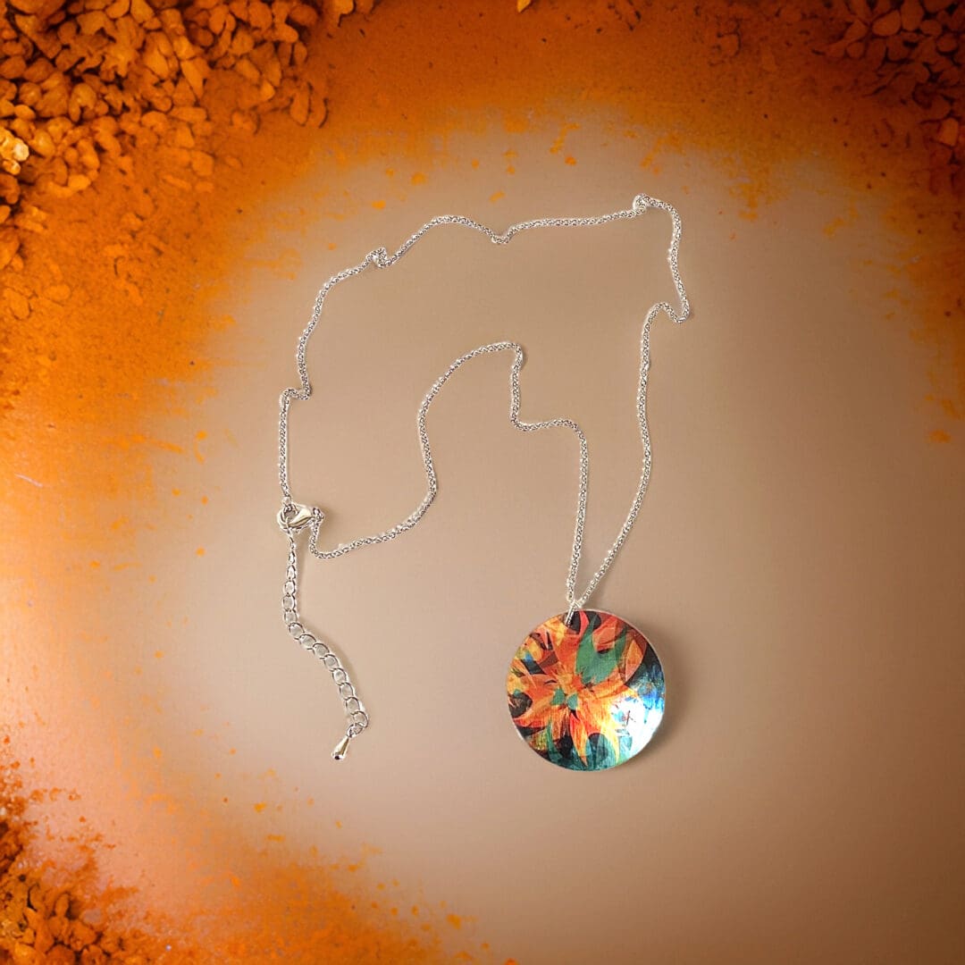necklace, pendant, orange, teal, round, discs, abstract, artistic, modern, sterling silver, jewellery, handmade Uk