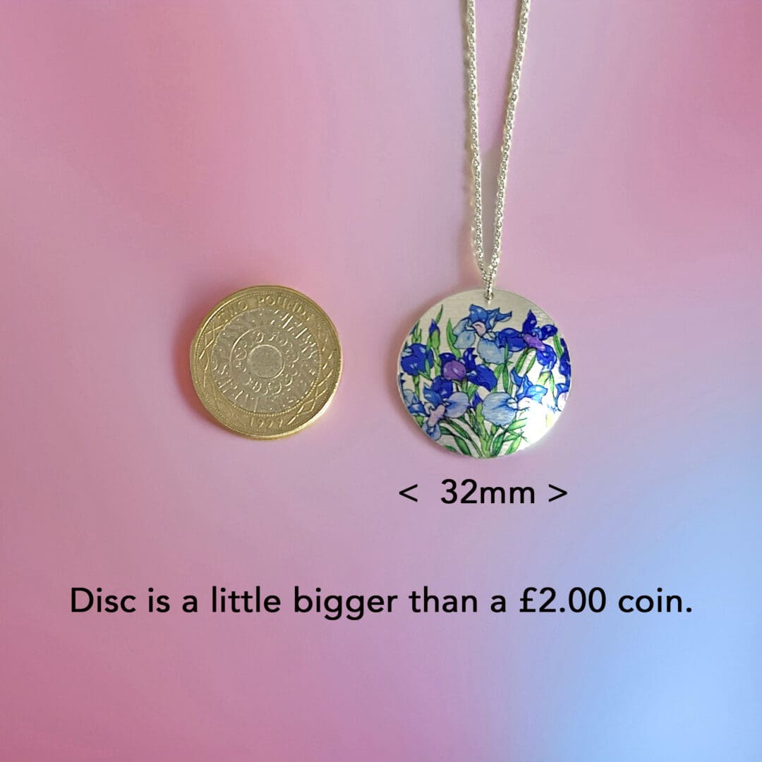 iris, necklace, pendant, flowers, spring, blue, violet, aluminium, handmade jewellery, UK