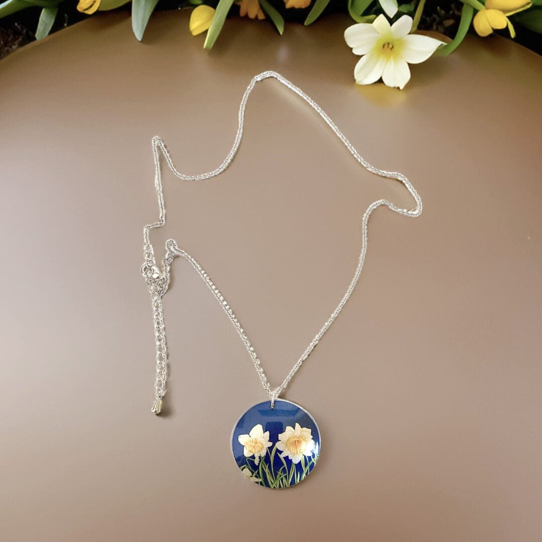 necklace, pendant, daffodil spring, flowers, yellow, navy, blue, handmade uk, jewellery