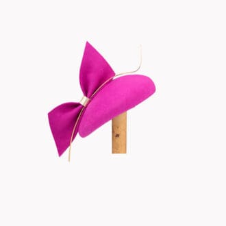 Fuchsia pink felt percher hat with gold feather