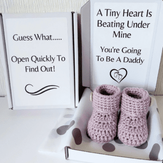 You're going to be a Daddy pregnancy announcement reveal gift box, a pair of handmade baby booties presented in a gift box with either pre-set text or make this occasion personal with adding your own message