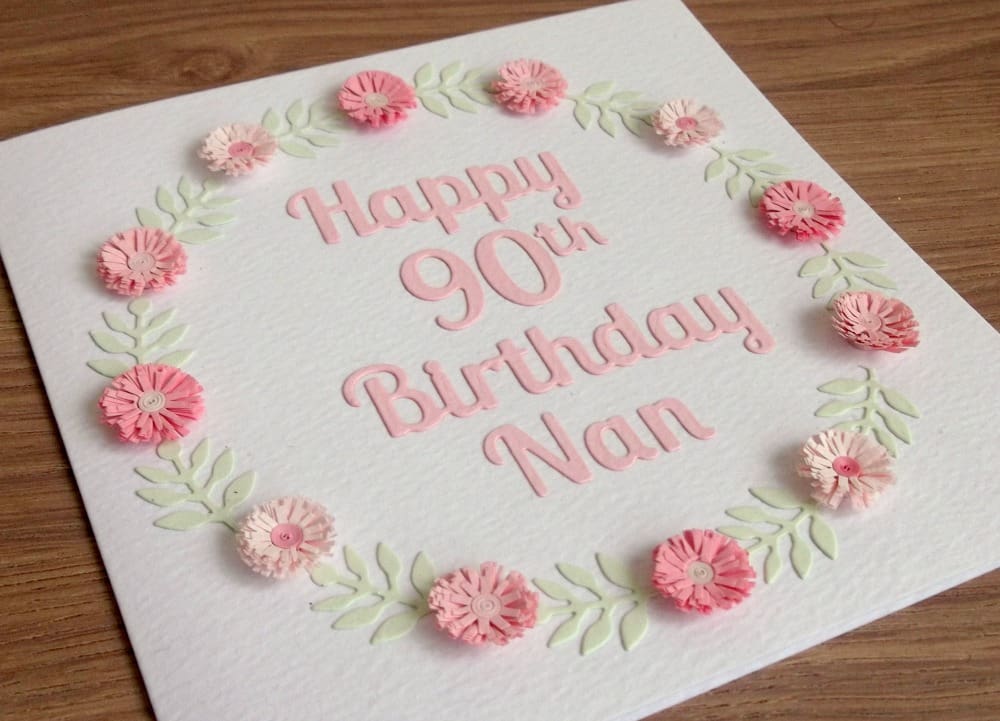 Handmade 90th birthday card with pale pink quilled flower garland