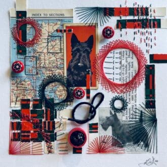 A hand Embroidered collage using vintage finds featuring a black Scottish Terrier.