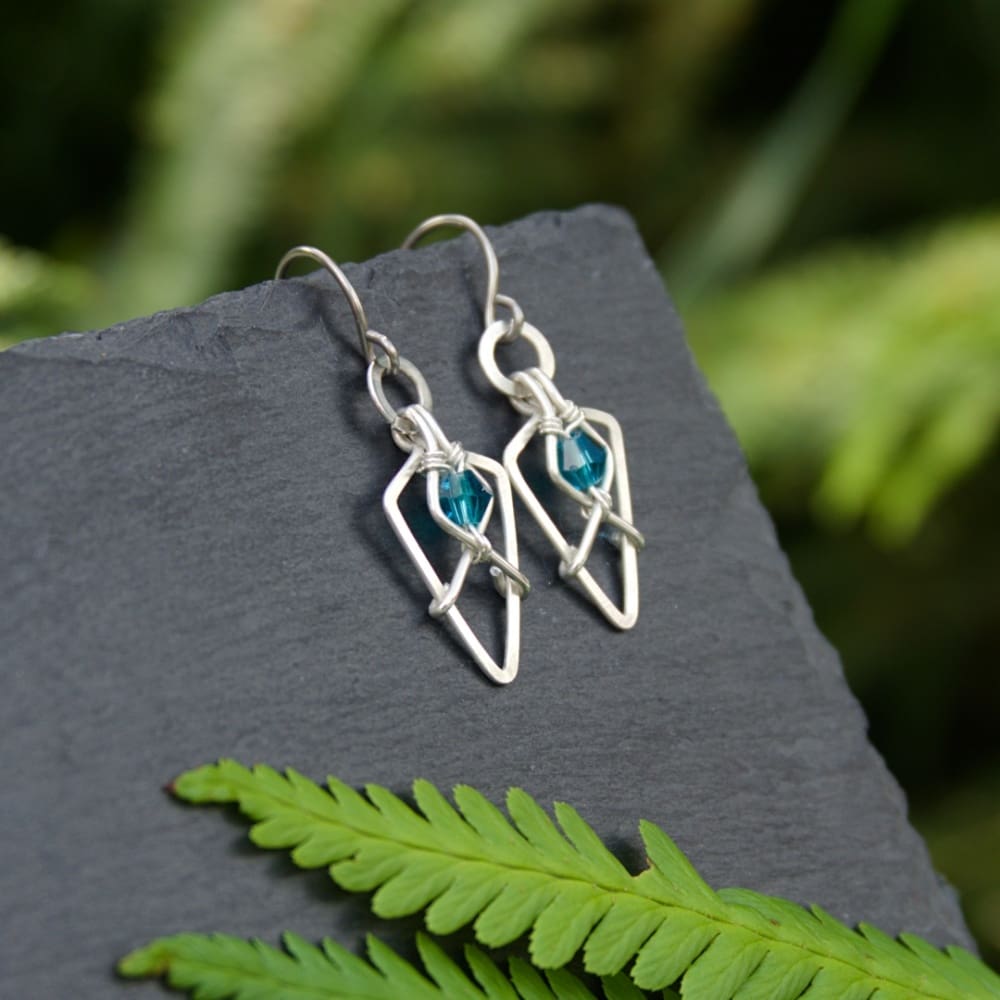 Geometric sterling silver earrings with turquoise glass beads