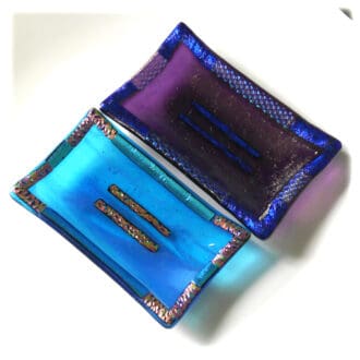 Fused glass dichroic soap dish turquoise purple bordered trinket glass art joysofglass