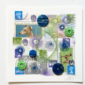 A mixed media collage of a whippet with vintage stamps and matching paper pieces, all in green, blue and purple embroidery stitches