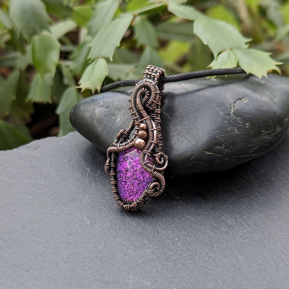 Handmade Copper wire weave pendant with purple glass cabochon