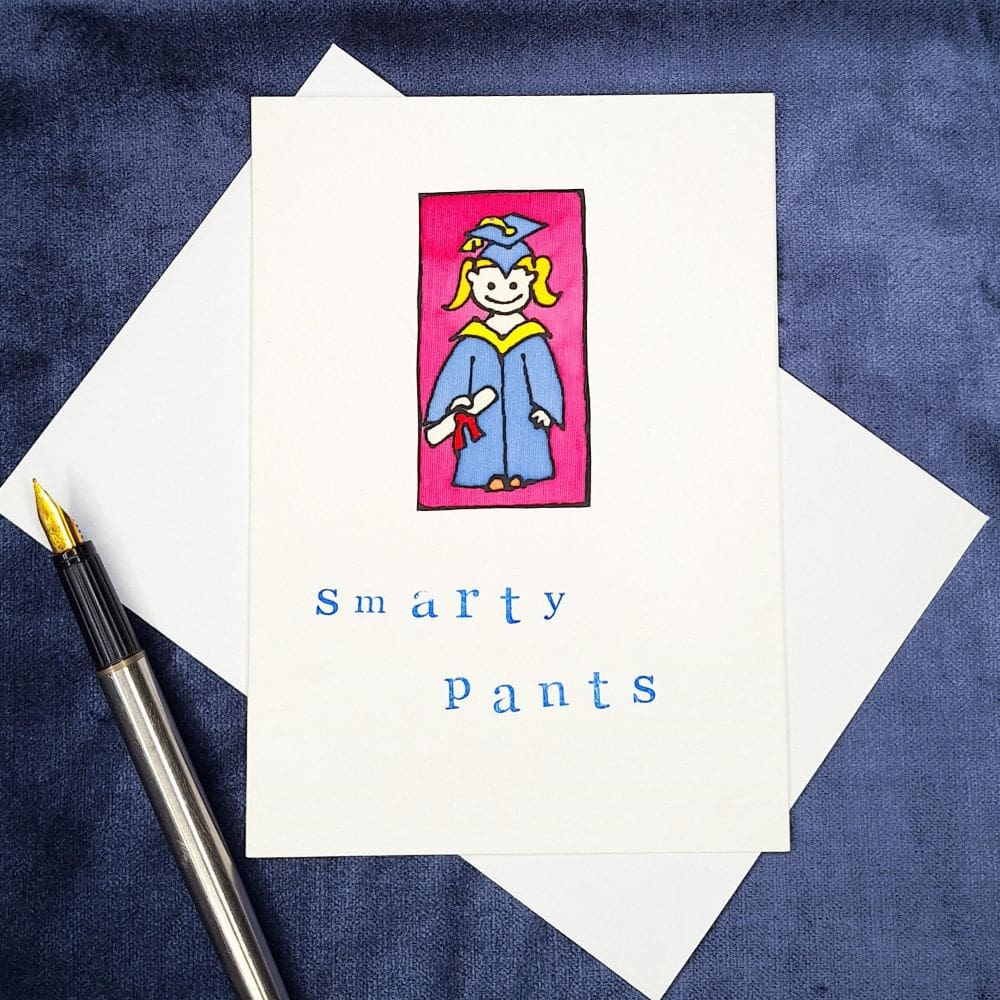 A girl receive a degree certificate, hand painted silk motif on a Smarty Pants greeting card.